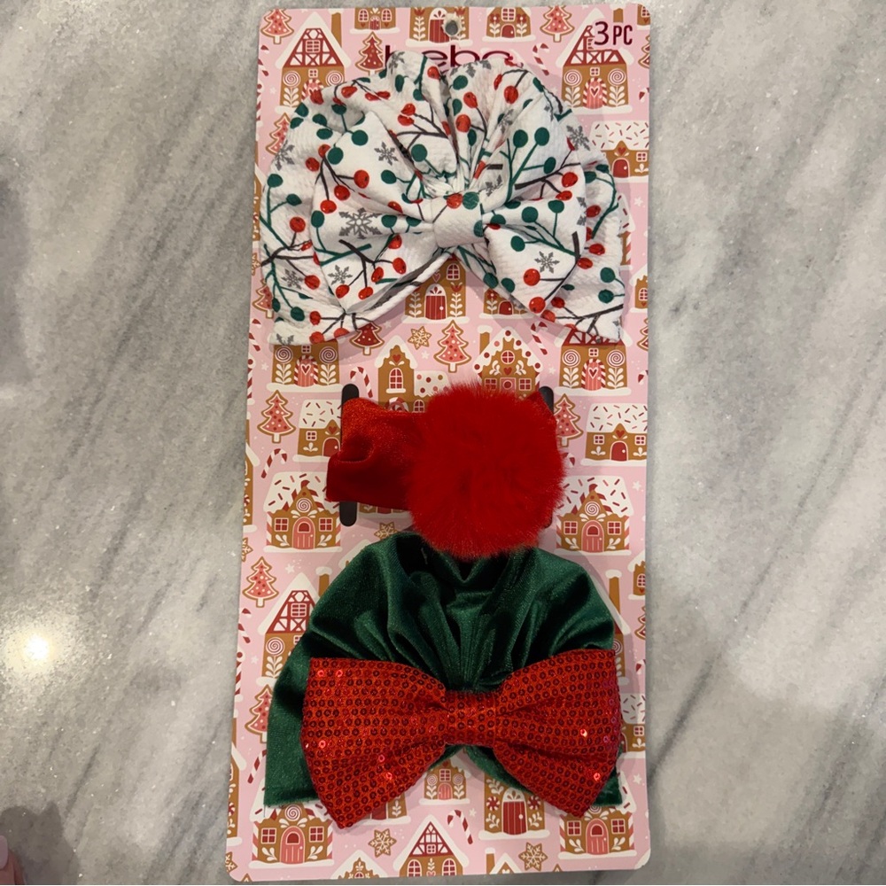Baby Girl Festive‎ Christmas Hats with Bows & Pom Pom Headband Set of 3